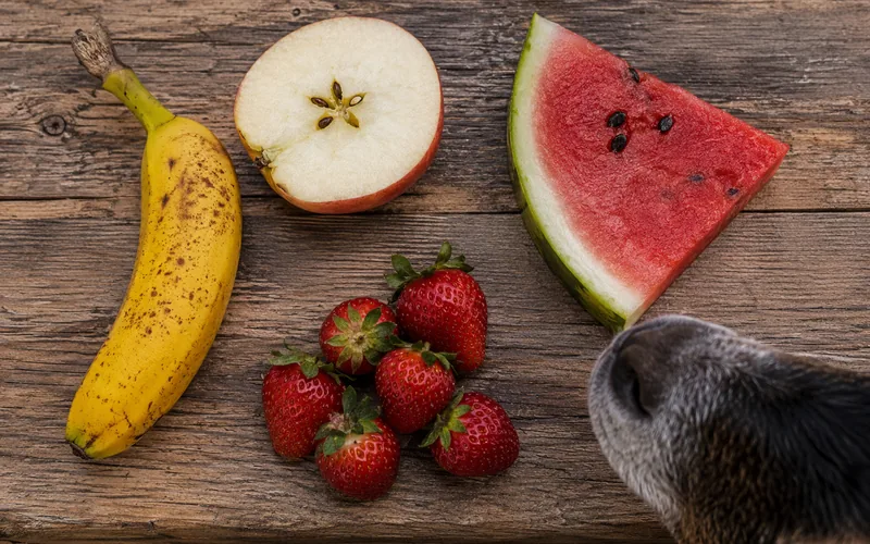 Fruits goats can eat, including a banana, a halved apple, strawberries, and a watermelon wedge, with a goat's nose poking into the frame
